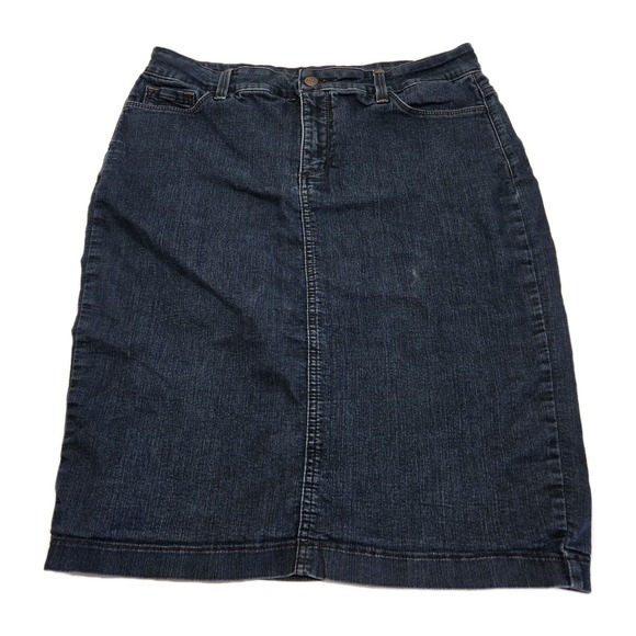 NYDJ Denim Jean Skirt Womens 12 Lift Tuck Tech Knee Length Midi Stretch USA Made - Picture 1 of 11
